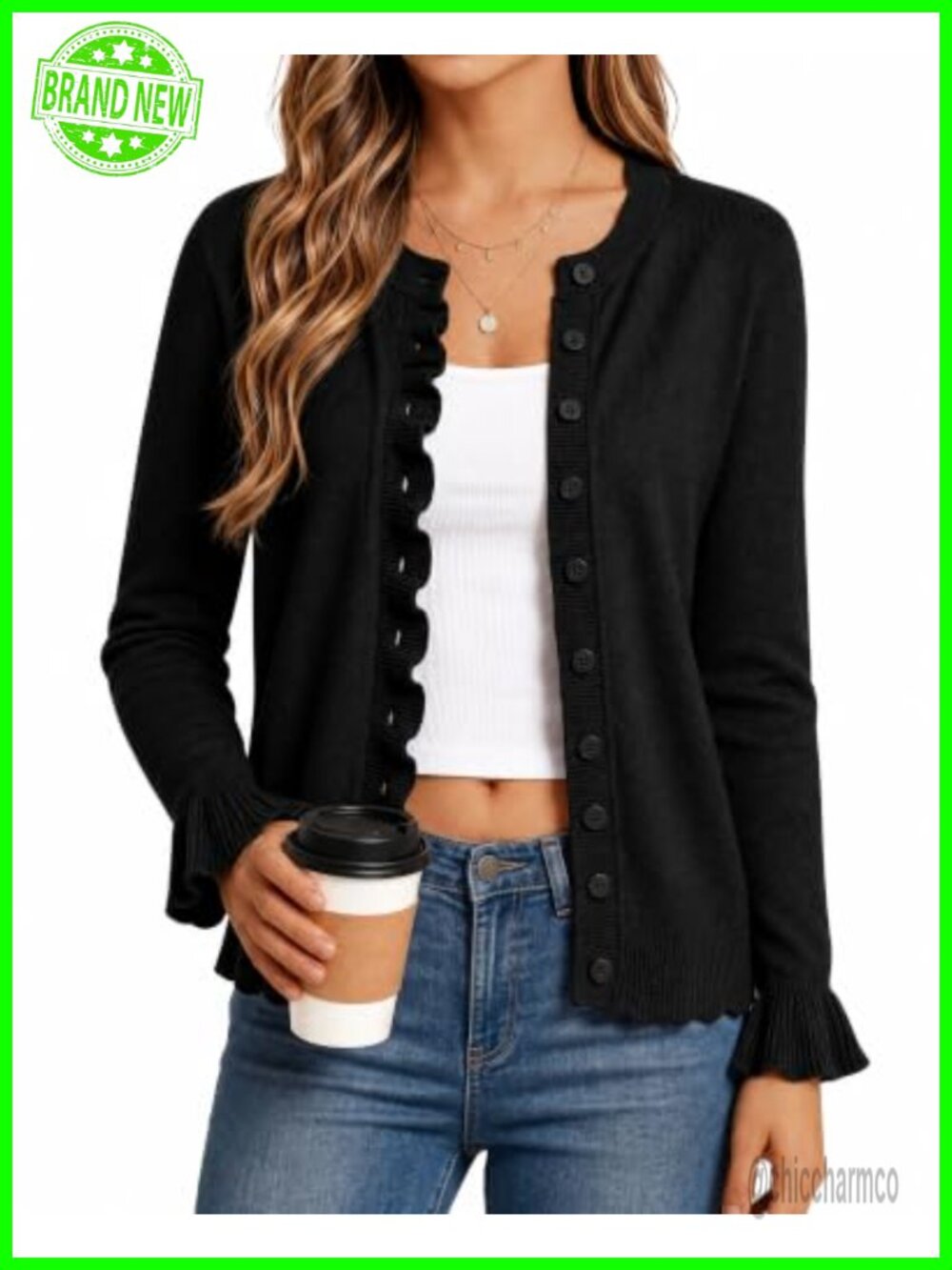Women's Long Sleeve Button Down Knit Cardigan Crew Neck Slim Fit Shrug